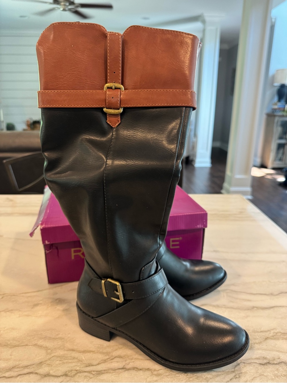 Rampage Two-Tone Leather Mid-Calf Riding Boots - Black and Brown
